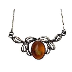 Vintage Authentic Amber & Sterling Silver Filigree Design Necklace 17.5"